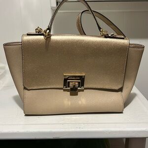 Michael Kors Tina Beige Saffiano Leather w/Gold Trim Satchel Crossbody Bag